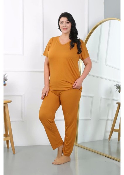 Moda Kadın Büyük Beden Kısa Kol Penye Pijama Takımı Hardal fiyatları