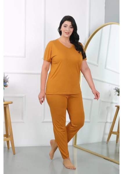 Moda Kadın Büyük Beden Kısa Kol Penye Pijama Takımı Hardal modelleri