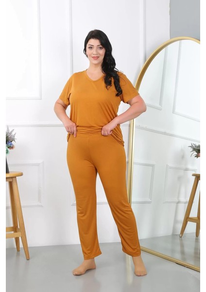 Moda Kadın Büyük Beden Kısa Kol Penye Pijama Takımı Hardal indirimleri