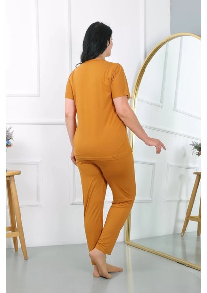 Moda Kadın Büyük Beden Kısa Kol Penye Pijama Takımı Hardal