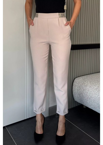 Bel Lastikli Yazı Detaylı Slim Fit Kumaş Pantolon P-00018014