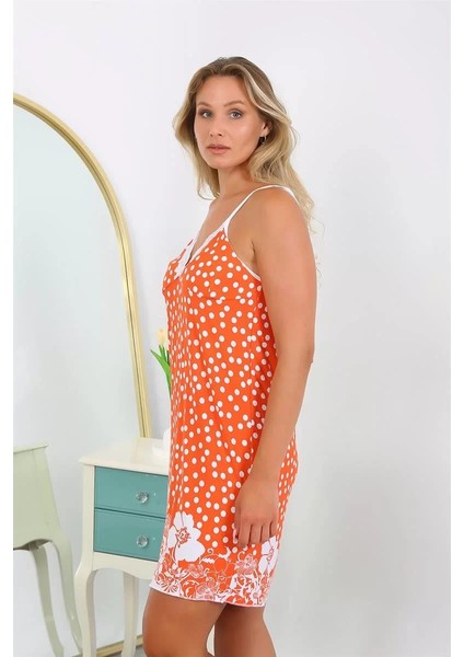 Moda Kadın Pamuk Büyük Beden Ip Askılı Desenli Gecelik Turuncu fiyatları
