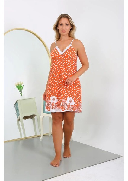 Moda Kadın Pamuk Büyük Beden Ip Askılı Desenli Gecelik Turuncu fırsatları