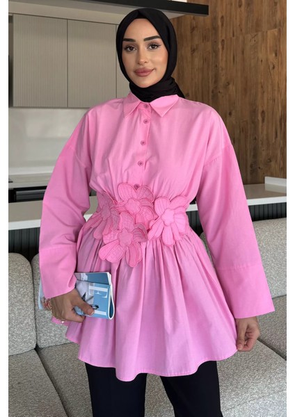 Gömlek Yaka Papatya Aplikeli Bel Lastikli Tesettür Tunik P-00017985