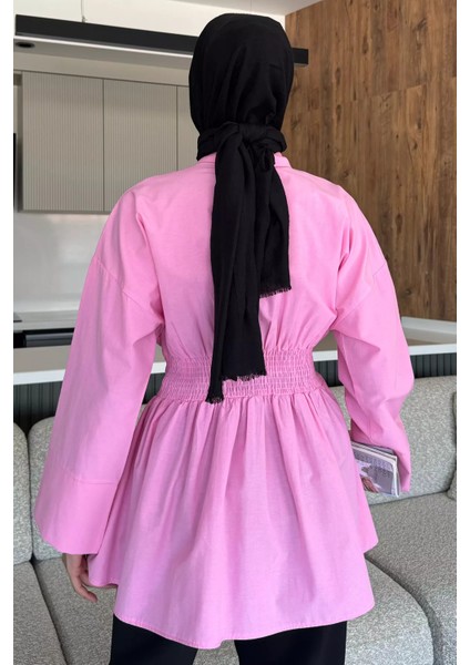 Gömlek Yaka Papatya Aplikeli Bel Lastikli Tesettür Tunik P-00017985 fırsatları
