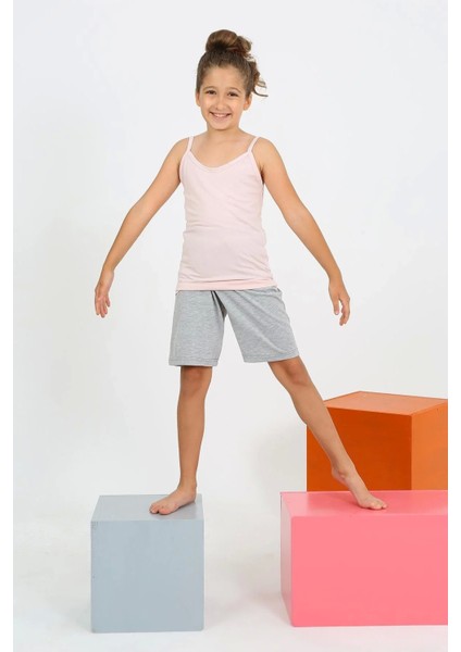 Moda Kız Çocuk Ip Askılı Şortlu Penye Pembe Pijama Takım