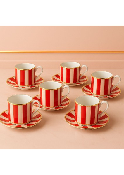 6 Kişilik Porselen Yaldızlı Lovely Birds Özel Tasarım Pembe Kuşlu Kahve Fincan Takımı Seti 100ML