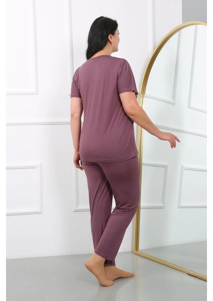 Moda Kadın Büyük Beden Kısa Kol Penye Pijama Takımı Mürdüm