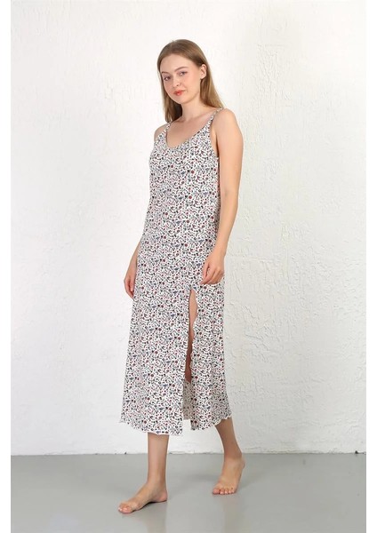 Moda Ip Askılı Uzun Yırtmaçlı Penye Gecelik Beyaz