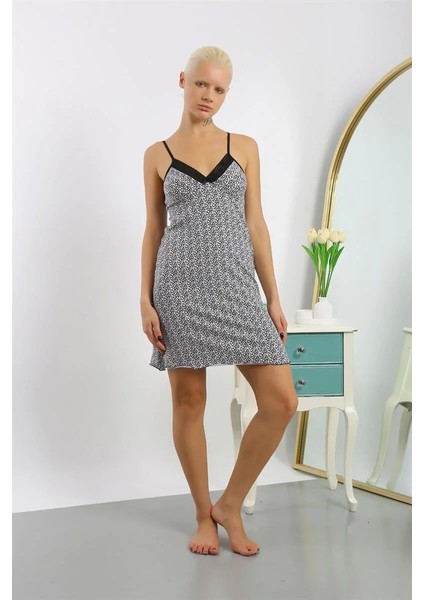 Moda Kadın Penye Desenli Ip Askılı Gecelik