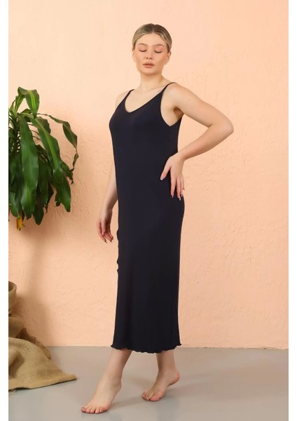 Moda Kadın Ip Askılı Yırtmaçlı Uzun Lacivert Gecelik