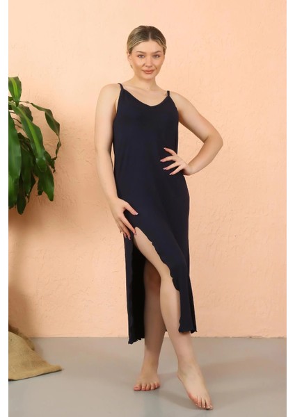 Moda Kadın Ip Askılı Yırtmaçlı Uzun Lacivert Gecelik fiyatları