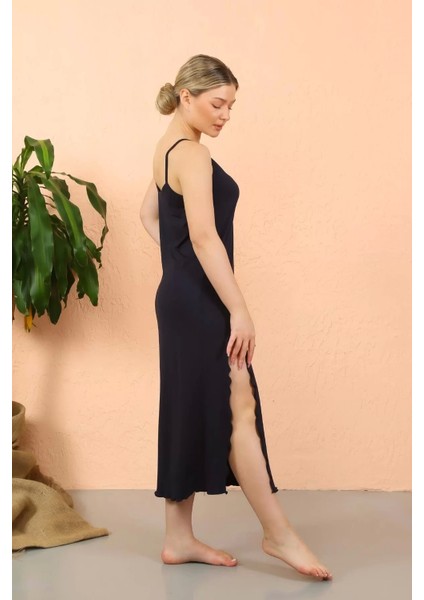 Moda Kadın Ip Askılı Yırtmaçlı Uzun Lacivert Gecelik modelleri