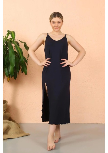 Moda Kadın Ip Askılı Yırtmaçlı Uzun Lacivert Gecelik indirimleri