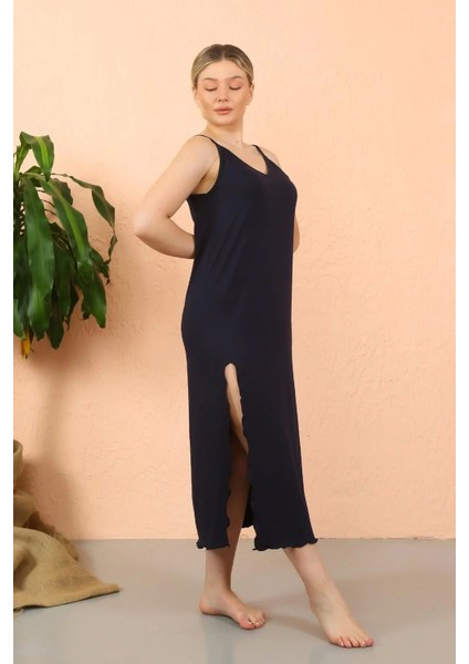 Moda Kadın Ip Askılı Yırtmaçlı Uzun Lacivert Gecelik