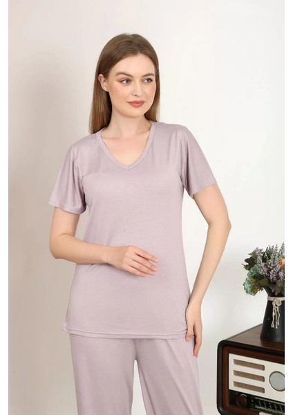 Moda Kadın Kısa Kol Pamuk Penye Pijama Takım Pudra