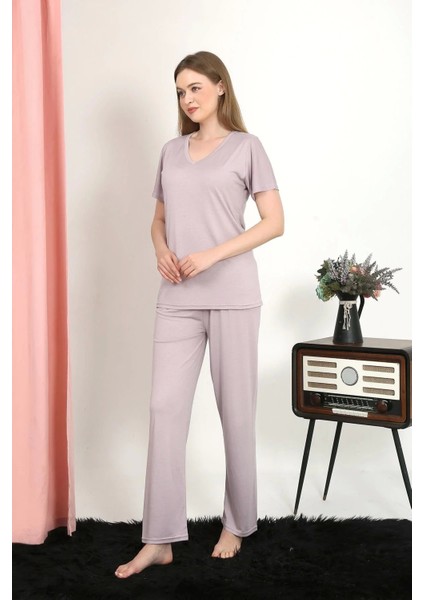 Moda Kadın Kısa Kol Pamuk Penye Pijama Takım Pudra fiyatları