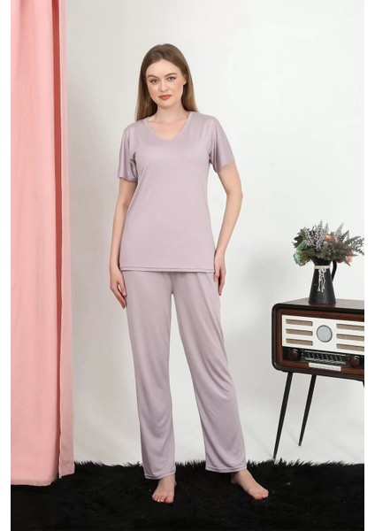 Moda Kadın Kısa Kol Pamuk Penye Pijama Takım Pudra