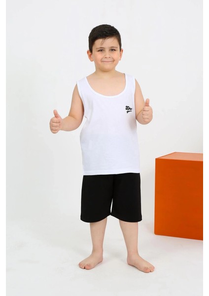 Moda Erkek Çocuk Sıfır Kol Şortlu Beyaz Penye Pijama Takımı