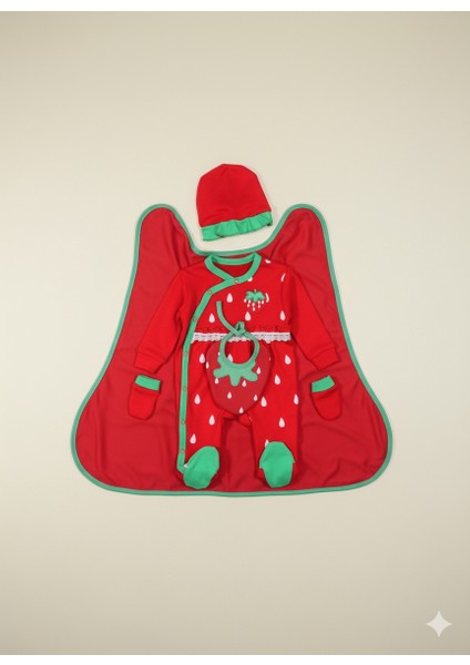 Çilek Desenli 6’li Bebek Seti – %100 Pamuk, Yenidoğan Hastane Çıkışı