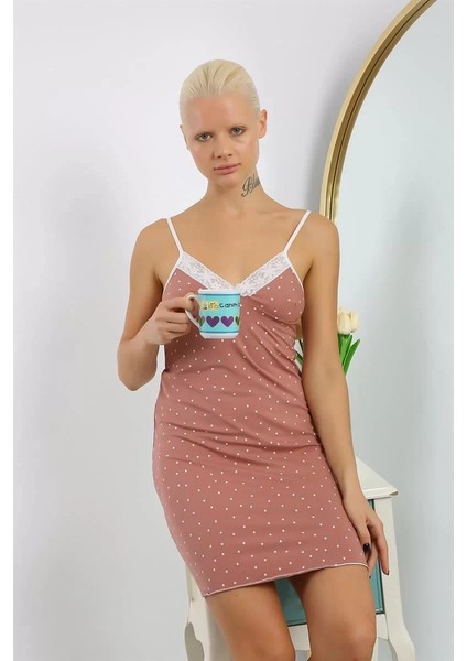 Moda Kadın Penye Puantiye Desenli Ip Askılı Gecelik