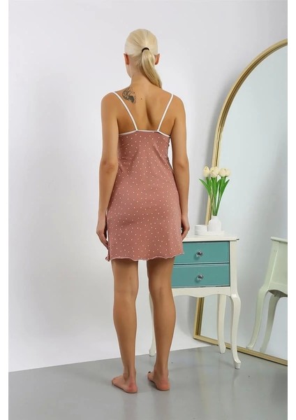 Moda Kadın Penye Puantiye Desenli Ip Askılı Gecelik
