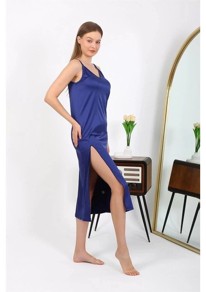 Moda Yırtmaçlı Uzun Saten Gecelik Lacivert