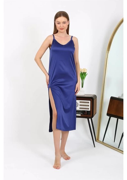 Moda Yırtmaçlı Uzun Saten Gecelik Lacivert fiyatları