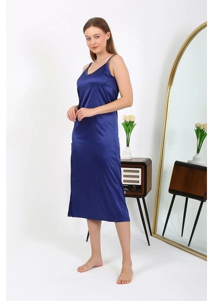 Moda Yırtmaçlı Uzun Saten Gecelik Lacivert modelleri