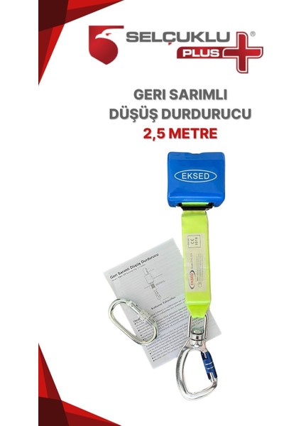 Geri Sarımlı Düşüş Durdurucu 2,5 Metre Çelik Halatlı Karabinalı Yüksekte Çalışma Emniyet Sistemi