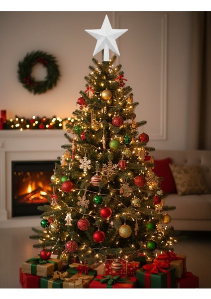 Yılbaşı Çam Ağacı Tepeliği Büyük Boy Yeni Yıl Christmas Simli Beyaz Yıldız Tepelik 1 Adet modelleri