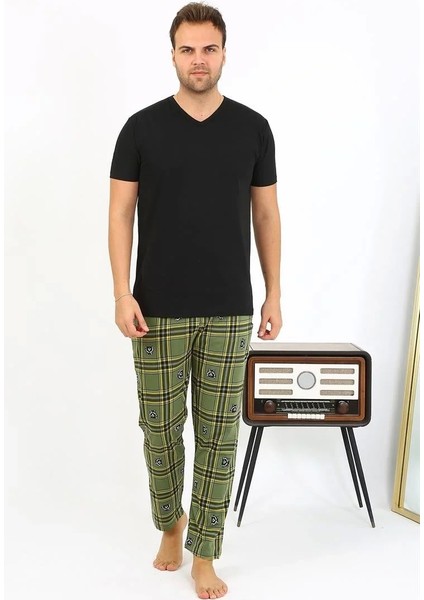 Moda Erkek Ekoseli Desen Penye Tek Alt Pijama Haki