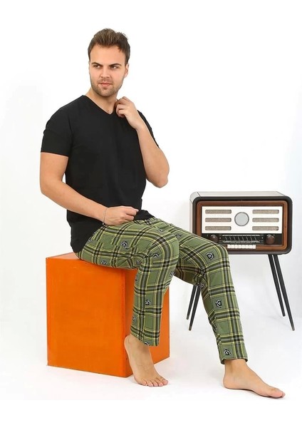 Moda Erkek Ekoseli Desen Penye Tek Alt Pijama Haki modelleri