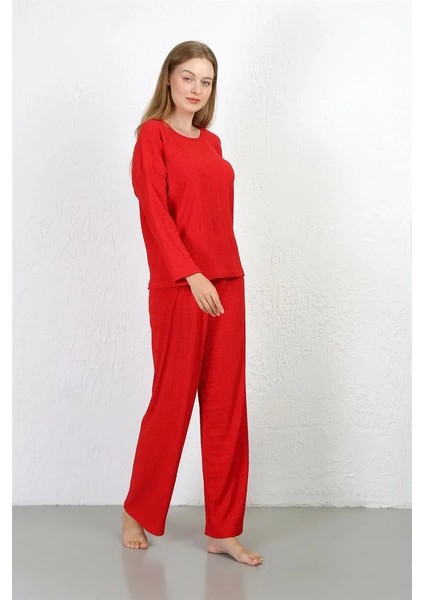 Moda Kadın Bürümcük Kumaş Pijama Takım Kırmızı modelleri