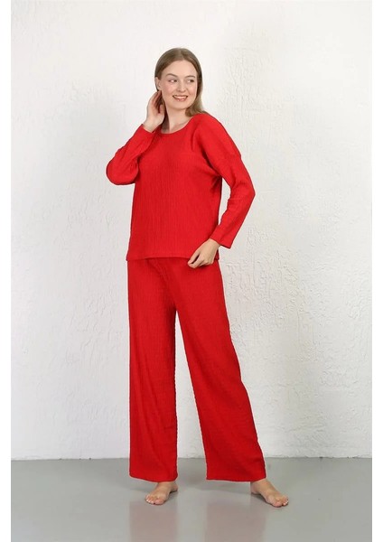 Moda Kadın Bürümcük Kumaş Pijama Takım Kırmızı