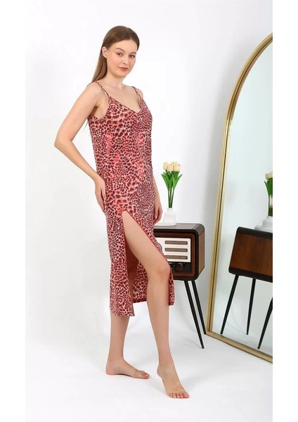 Moda Kadın Ip Askılı Uzun Parlak Micro Elbise Gecelik Kırmızı