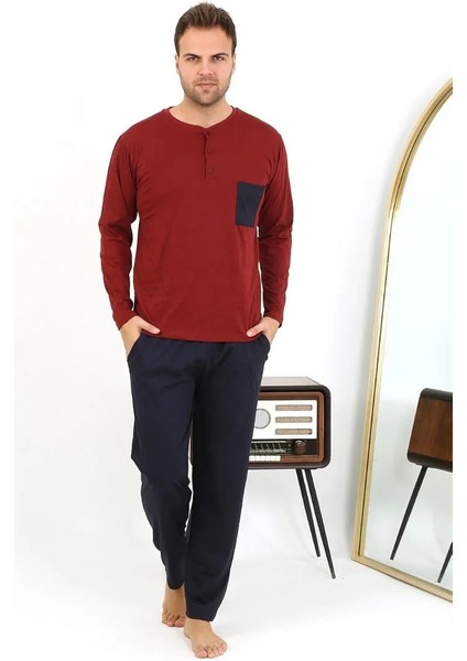 Moda Erkek Uzun Kol Penye Bordo Pijama Takımı modelleri
