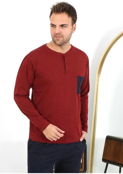 Moda Erkek Uzun Kol Penye Bordo Pijama Takımı