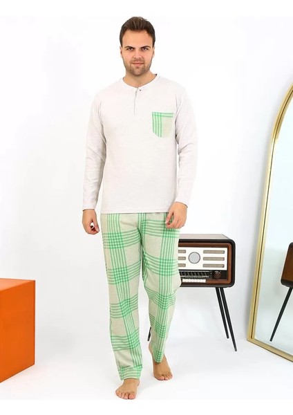Moda Erkek Uzun Kol Penye Krem Pijama Takımı