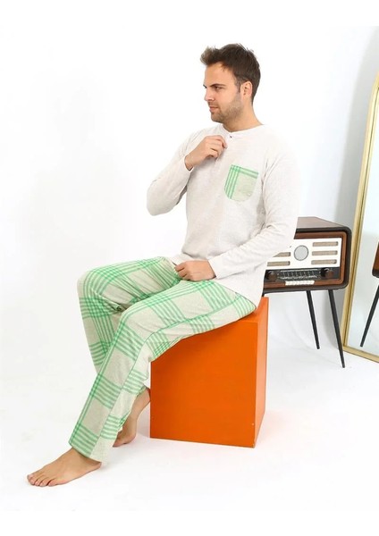 Moda Erkek Uzun Kol Penye Krem Pijama Takımı modelleri
