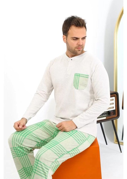 Moda Erkek Uzun Kol Penye Krem Pijama Takımı