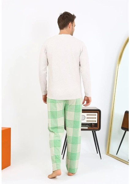 Moda Erkek Uzun Kol Penye Krem Pijama Takımı