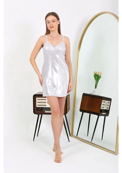 Moda Ip Askılı Micro Kumaş Kısa Parlak Gecelik Ev Giyim Gri