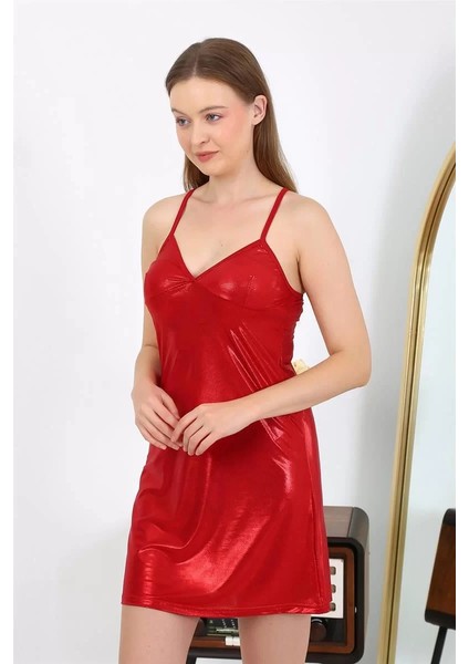 Moda Ip Askılı Micro Kumaş Kısa Parlak Gecelik Ev Giyim Kırmızı modelleri