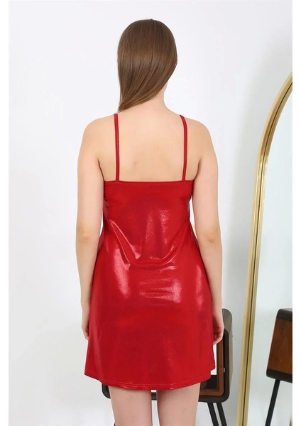Moda Ip Askılı Micro Kumaş Kısa Parlak Gecelik Ev Giyim Kırmızı