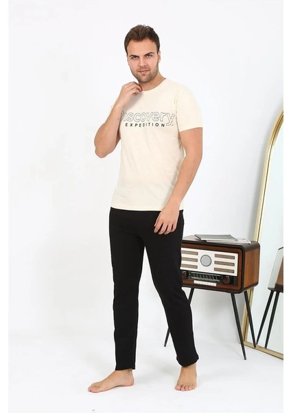 Moda Erkek Kısa Kol Penye Pijama Takımı Krem