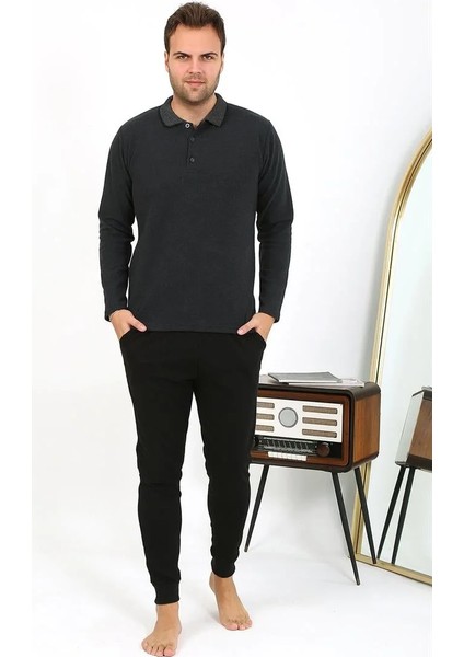 Moda Erkek Polo Yaka Uzun Kol Penye Pijama Takımı Antrasit