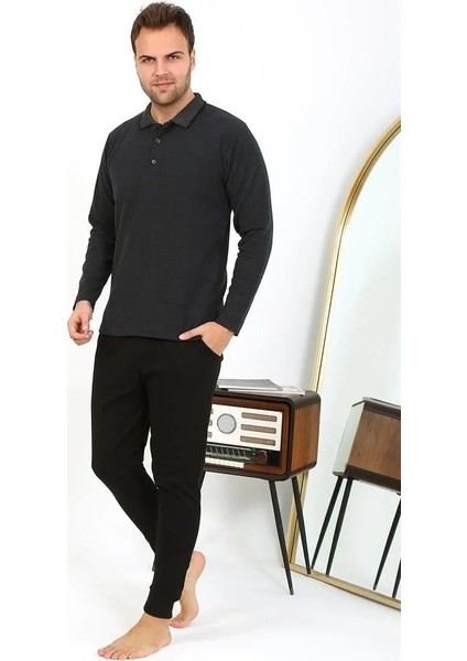 Moda Erkek Polo Yaka Uzun Kol Penye Pijama Takımı Antrasit fiyatları