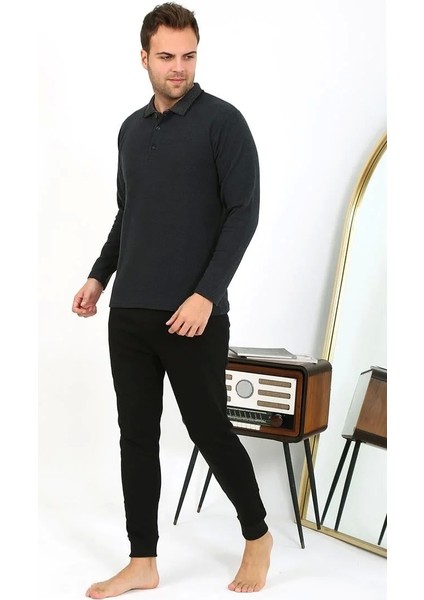 Moda Erkek Polo Yaka Uzun Kol Penye Pijama Takımı Antrasit indirimleri