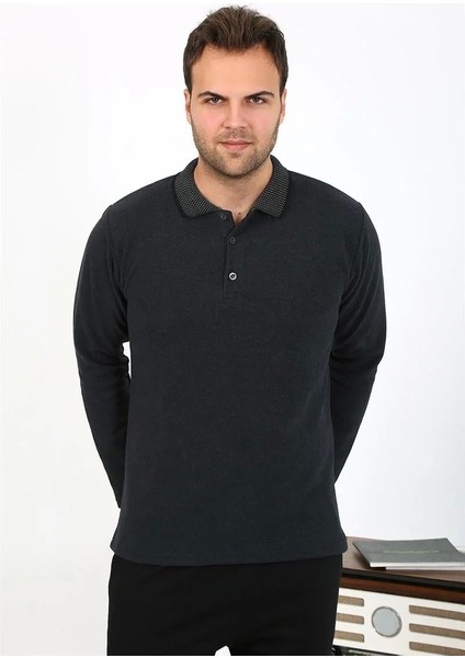 Moda Erkek Polo Yaka Uzun Kol Penye Pijama Takımı Antrasit
